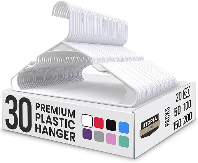 Utopia Home Plastic Hangers 30 Pack - Perfect Space Saving Clothes Hanger - Durable and Strong - Perfect Closet Organizers with Shoulder Grooves (White)