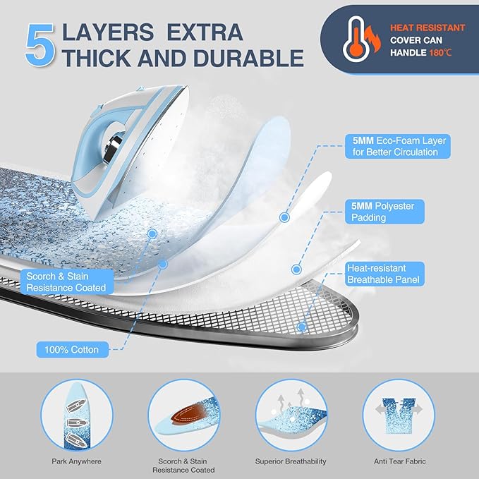 APEXCHASER Ironing Board Full Size with Iron Rest, Metal Panel Iron Board, Heat & Scorch Resistant Cover, Adjustable Height Heavy Duty Ironing Board with Germent Rack, for Home, Dorm, 15x45 Blue