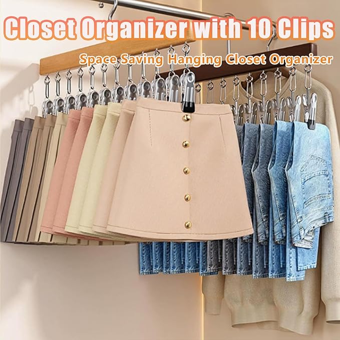 Hat Hangers for Closet,Space Saving Hanging Hats Organizer with 10 Clips,Wooden Legging Hangers 2 Pack,360° Rotating Closet Organizer for Pants, Skirts and Socks Storage (Set of 2,Natural)