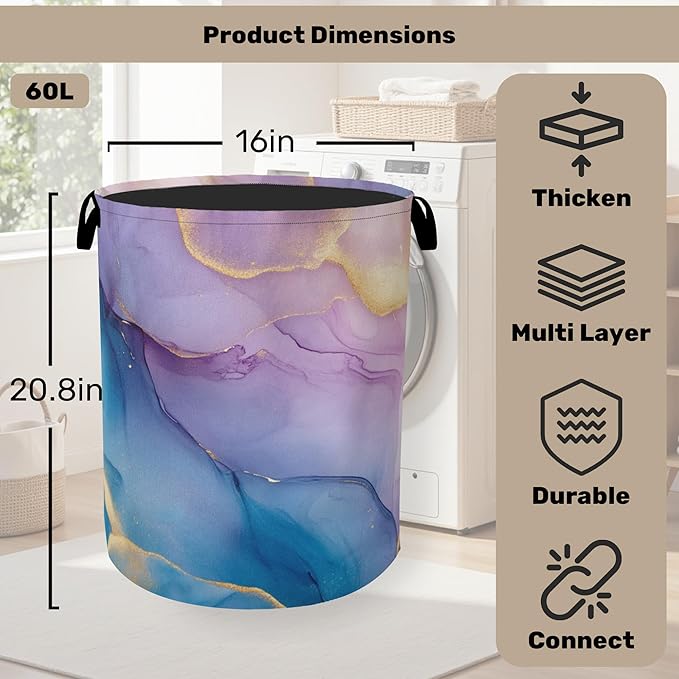 Blue Pink Marble Laundry Basket with Handles - Extra Large Foldable Hamper for Bathroom/Laundry/Bedroom/Dorm, Washable Fabric Storage Bin