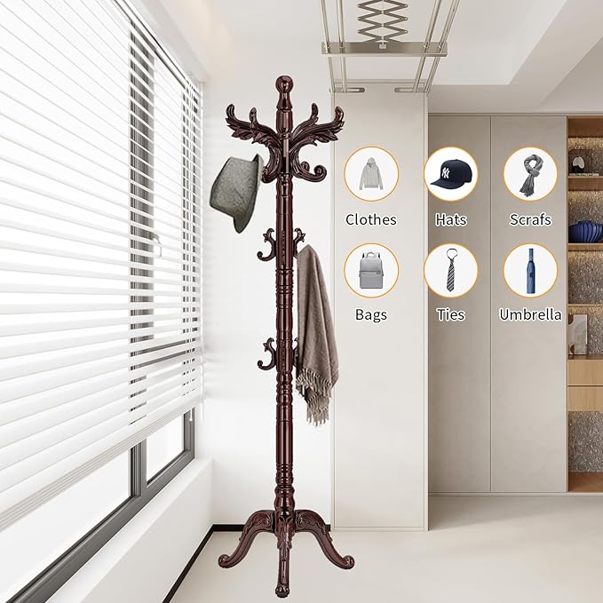 Wooden Coat Rack Stand Sturdy Triangle Base, Natural Birch Wood Coat Racks Freestanding, Vintage Solid Wood Coat Tree Stand with 14 Hooks, Classic Sturdy Coat Racks Hall Tree for Entryway