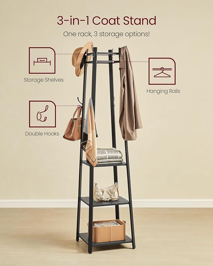 VASAGLE Coat Rack, Coat Stand with 3 Shelves, Hall Tree Free Standing with Hooks for Scarves, Bags, Umbrellas, Steel Frame, Industrial Style, for Entryway, Living Room, Charcoal Gray ULCR080B03