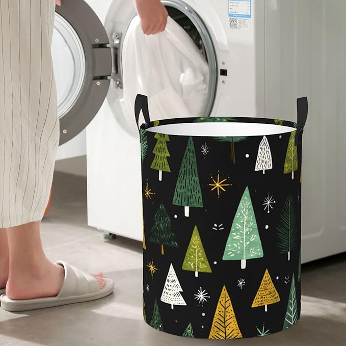 Christmas Tree Pattern Laundry Hamper, Collapsible Storage Basket with Handles for Clothes, Bedroom, Bathroom 19.6 x15.7 Inch