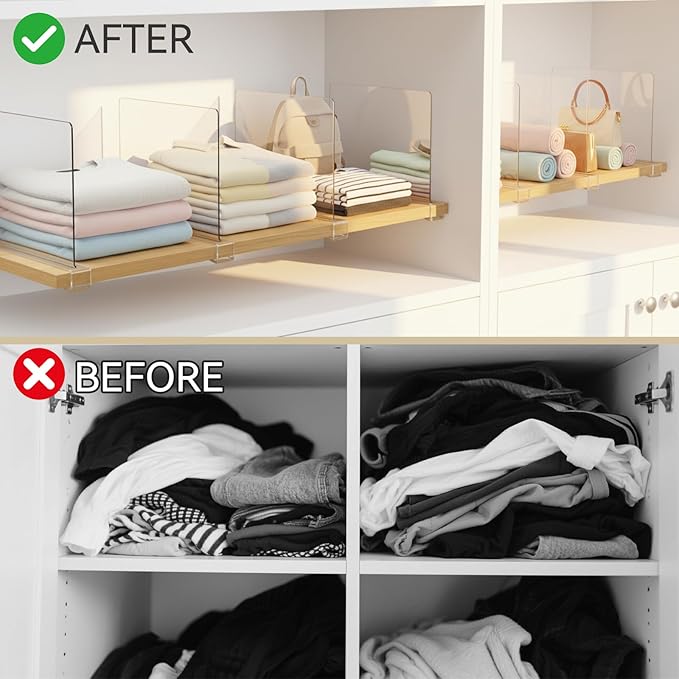 Ninonly 8 Pack Acrylic Shelf Dividers, 12 Inch Vertical Clear Closet Organizers and Storage for Sweaters, Shirts, Handbags, Bookshelf Pantry Organization, Multi-Purpose Shelf Organizer for Bedroom