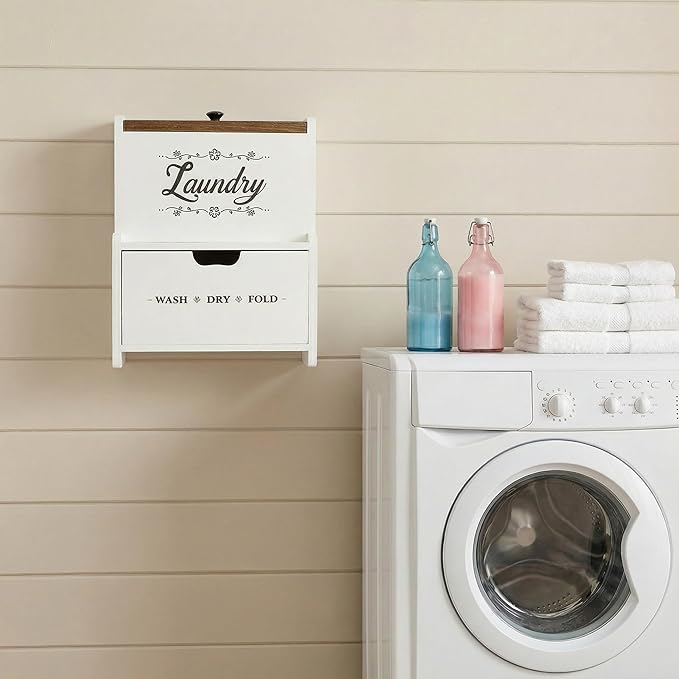 Goaste Dryer Sheet Holder with Drawer, Wood Dryer Sheet Dispenser with Lid, Farmhouse Laundry Pods Container Box, Wall Mount Fabric Softener Organizer for Laundry Room Storage and Organization