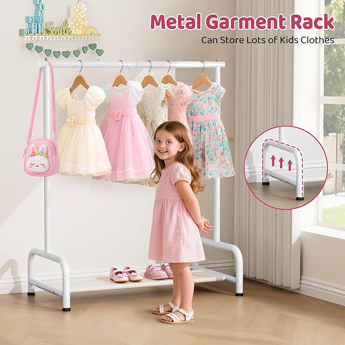 SLEEPING LAMB Kids Clothing Rack, Small Baby Clothes Rack with Bottom Storage Shelf, Kids Dress Up Rack Storage for Coats, Dance Costume Garment Rack for Hanging Clothes, White