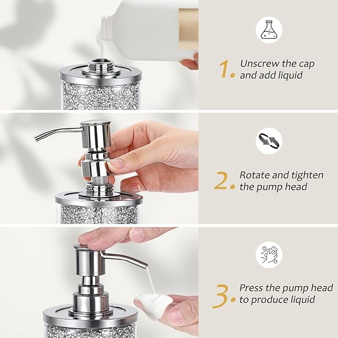 Sumnacon Soap Dispenser Bathroom Sparkling Hand Dispenser with Stainless Pump,Silver Crushed Diamond Dish Soap Dispenser for Kitchen Decorative Soap Dispensers for Kichen Sink Bathroom Countertop