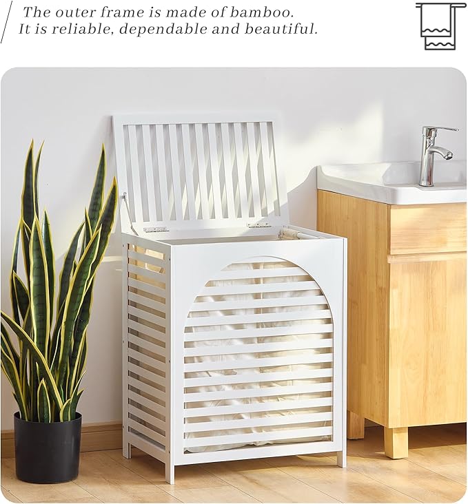 Laundry Hamper with Lid, Bamboo Clothes Laundry Basket with Handles, Removable 2-Section Liner bag, Hampers for Bedroom Aesthetic, Large Storage for Bath Towel, Sheets or Toys, Home (White)