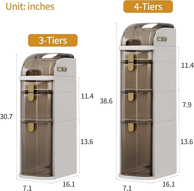 3-Tiers Slim Bathroom Storage Cabinet with Drawers & Tissue Box,Plastic Narrow Rolling Bathroom Tower Cart Waterproof & No Installation for Small Spaces Kitchen Laundry Living Room