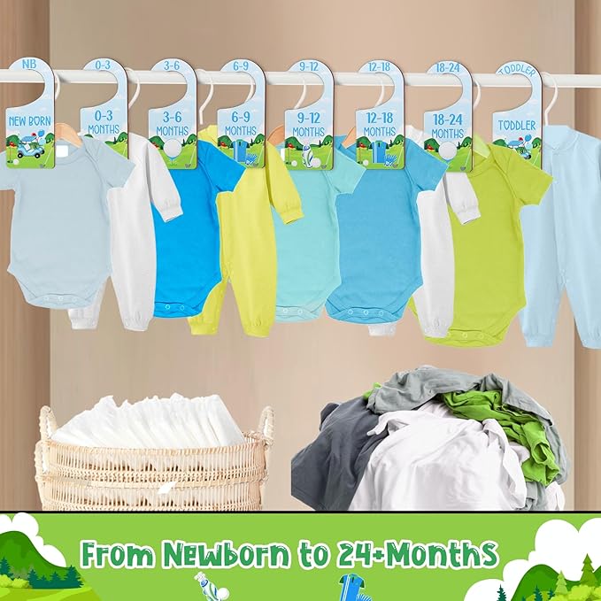 Baby Closet Dividers 8PCS, Golf Themed Wooden Double-Sided Clothes Size Hanger Organizer from Newborn to Toddler for Nursery Decor Baby Shower Birthday Gift Blue & Green