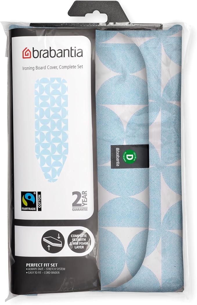 Brabantia Size D (53 x 18 inches) Replacement Ironing Board Cover with Thick Foam & Felt Padding (Fresh Breeze) Easy-Fit, 100% Cotton