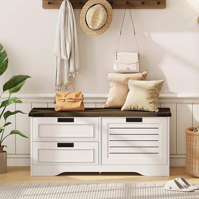 FATORRI Shoe Storage Bench with Flip Drawer, Wooden Entryway Bench, Modern Shoe Cabinet with Removable Drawers for Hallway, Living Room (Walnut Brown & White Oak)
