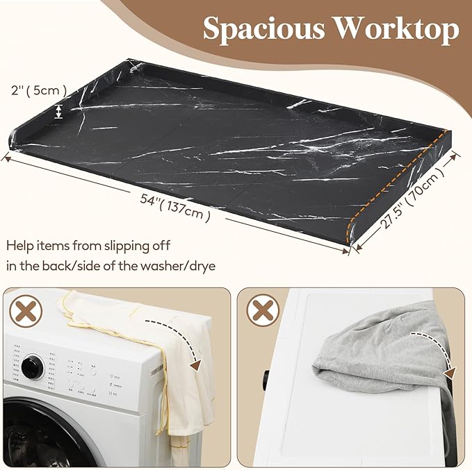 Lifewit Washer Dryer Countertop, Melamine Covers with Edge Rails for The Top, Laundry Room Storage and Organization, Spice Type, Hold 200lbs, Black Marble, 54" x 27.5"