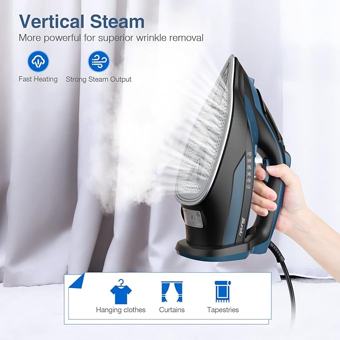 Steam Iron for Clothes 12s Fast Heat-up, 1500W Iron with 13.21oz Water Tank, 3-Way Auto shutoff, Burst Steam, Spray Mist, Anti-Drip, Self-Cleaning, Vertical Ironing for Home
