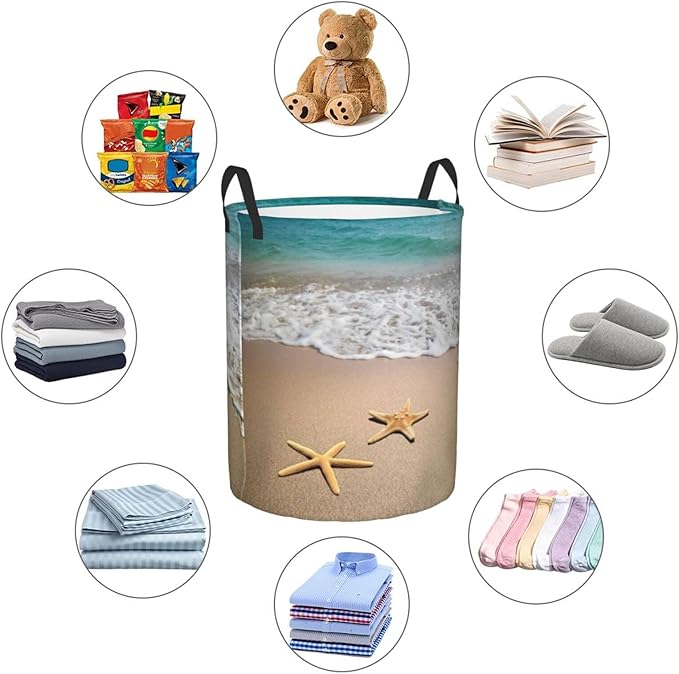 Laundry Basket Beach Starfish Room Decor,Round Laundry Hamper Waterproof Dirty Clothes Hamper Collapsible Laundry Baskets With Handles,Toy/Clothes Storage Beach Towel Basket For Dorm Bathroom Decor