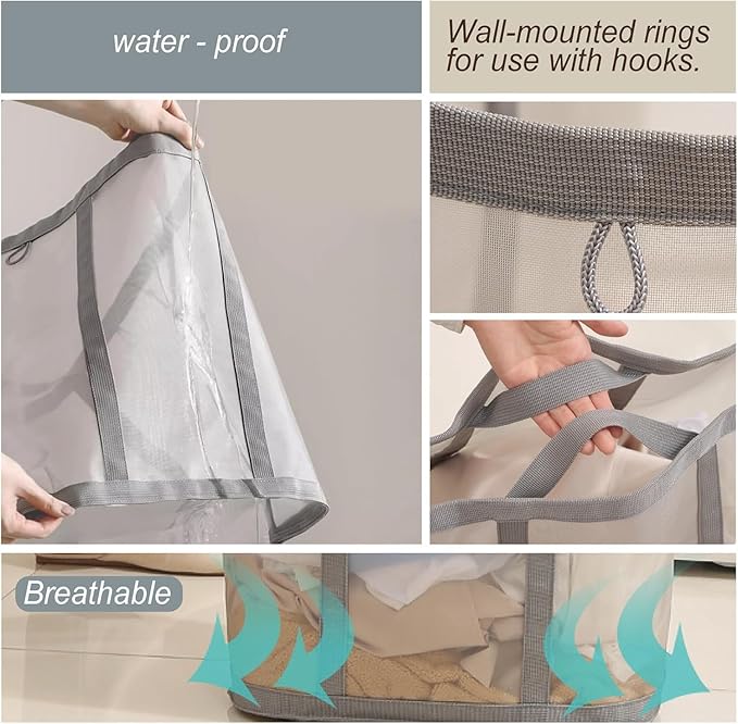 Mesh Bag with Handles, Collapsible Laundry Basket, Foldable Laundry Bag, Breathable Folding Beach Bag,Space-saving Travel Tote Bags (1, Pink)