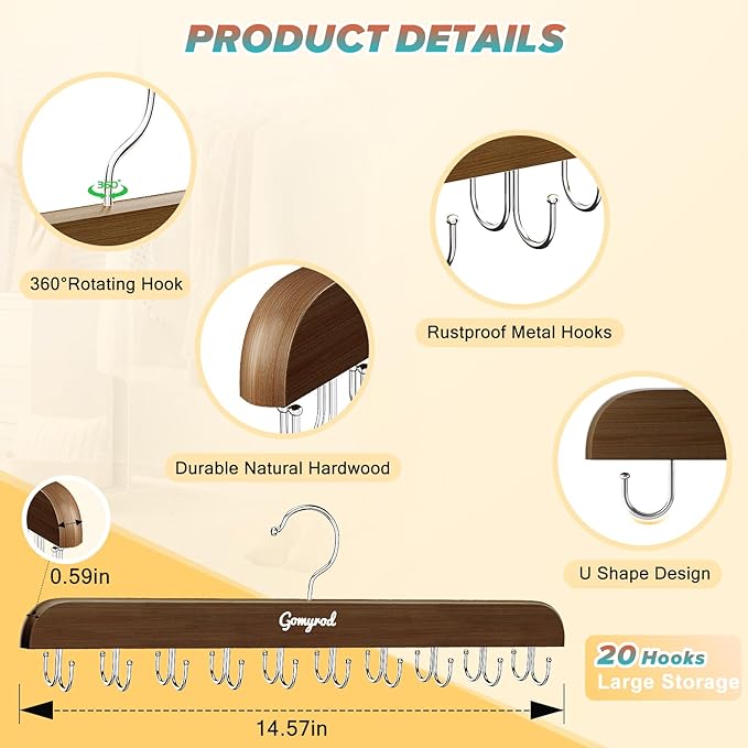 Bra Hanger for Closet, 2 Pack Tank Top Hangers w/20 Hooks Holds 40 Bras, Capacity Foldable Wood Space Saving Hanger, 360°Rotating Closet Organizers and Storage for Dorm & Apartment（Brown）