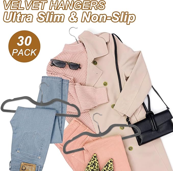 Pants Hangers Non Slip, 30 Pack Velvet Hangers for Closet with 30 Hooks, Slimline Space Saving Pants Hanger, Strong Durable Space Saving Flocked Hangaers for Pants/Shirts/Bra/Shorts (Grey-M-Shape)
