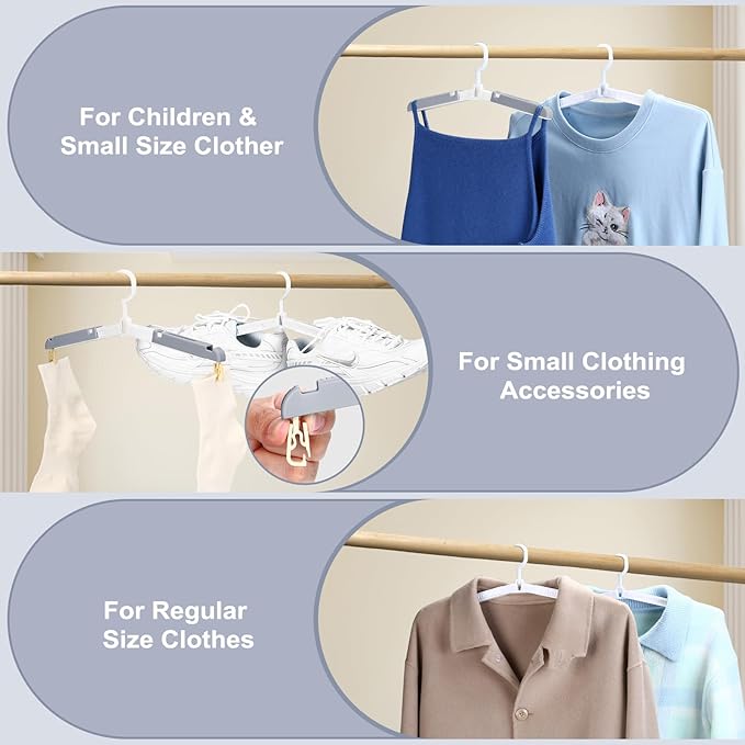 Foldable Travel Hangers for Cruise, 6 Pack Portable Collapsible Hanger with Clips, Folding & Space-Saving Suitcase Hangers for Travel, Grey-White (Grey-White)