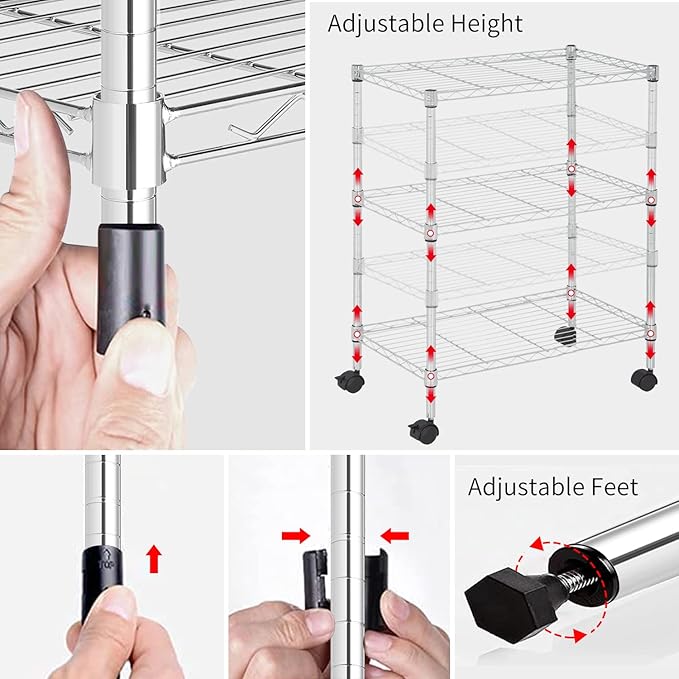3 Tier Rolling Storage Cart with Wheels and Leveling Feet, Adjustable Wire Shelving Rack, Heavy Duty 450LBS Capacity, Metal Shelf Organizer for Kitchen, Bathroom, Laundry, Office, 23"L x 13"W x 31.3"H