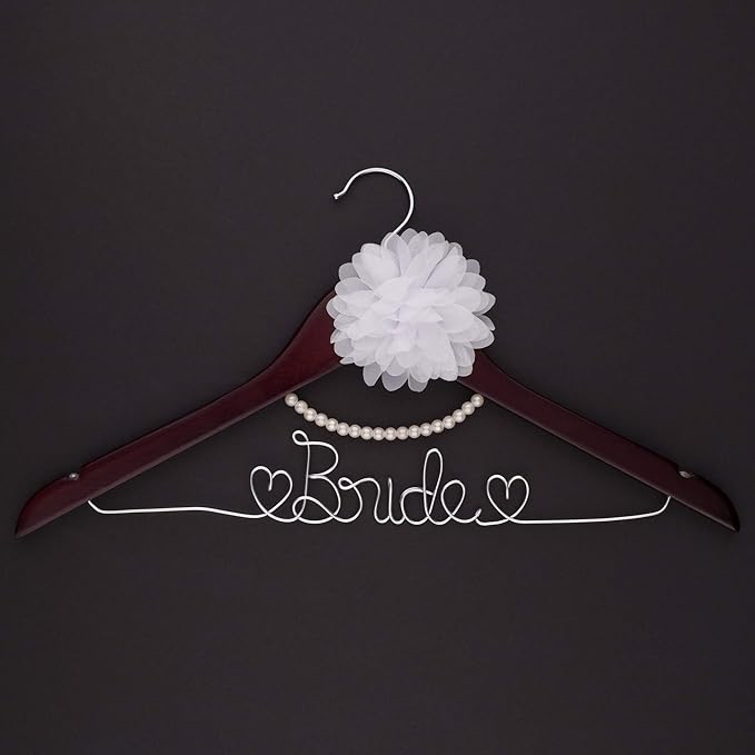 Ella Celebration Bride to Be Wedding Dress Hanger Wooden and Wire, Accented with Pearls and A Flower Bridal Hangers for Brides (Mahogany with Silver Wire and Pearls)