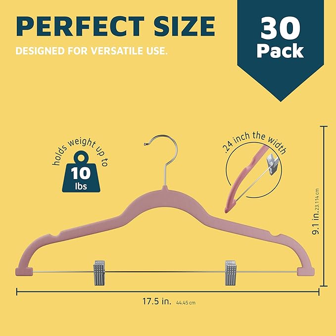Lifemaster Velvet Pants Hangers – with Adjustable Clips, 360 Degree Swivel Hook, and Non-Slip Shoulder Notch, Holds Up to 10 lbs, for Organizing Skirt, Pants, Dress, and Clothes, Pack of 30, Pink