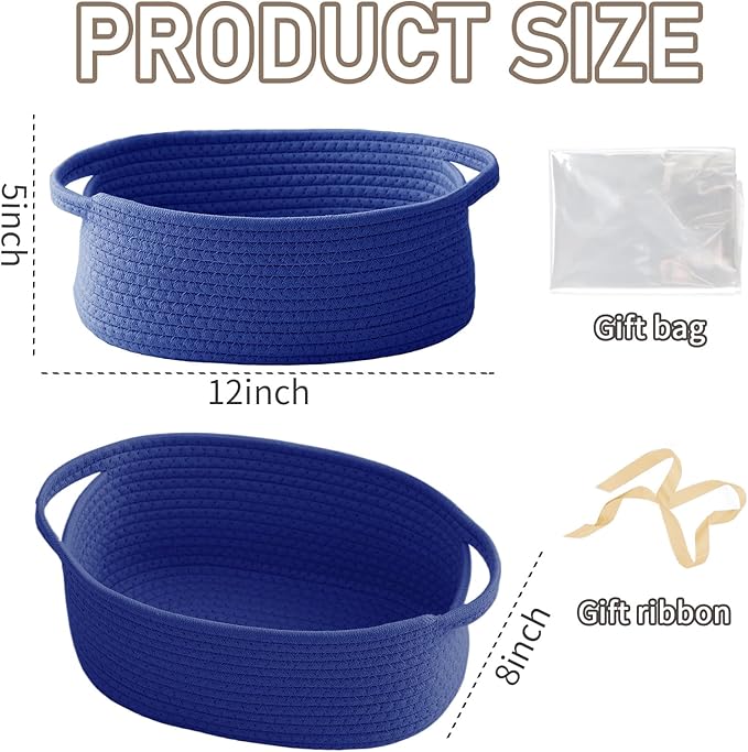 Woven Basket,Small Rope Storage Bin with Handles & Ribbon Bag, Organizer for Shelves Closets,Gift Basket Empty for Birthday,Books,Dog Toys, Navy Blue/3 Pack
