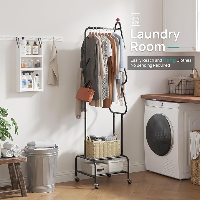 Coat Rack with Wheels, 4 Hooks Rolling Garment Rack, 360° Swivel Wheels with Brake, Heavy Duty Metal Rustproof for Entryway Bedroom