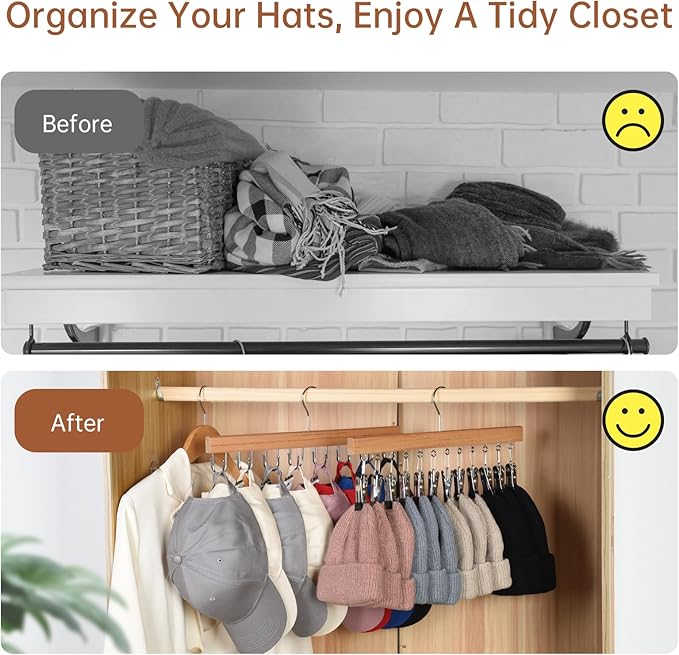 OTraki Hat Hangers for Closet, 2 Pack Wooden Hat Organizer Hanger Rack for Baseball Caps with 10 Clips and 16 Hooks, Baseball Hat Holder for Closet Storage Fits All Caps