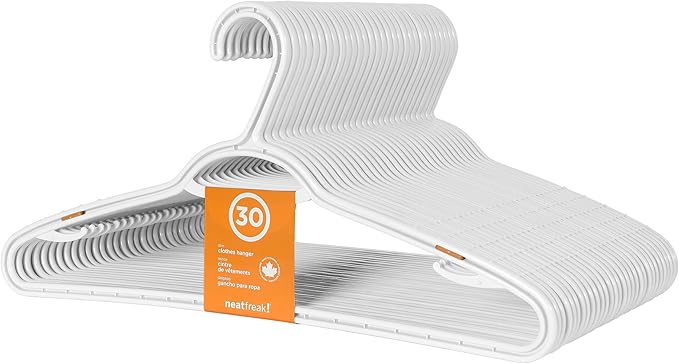 Set of 30 Slim Clothes Hanger by Neatfreak! - Space Saving Hangers for Clothes, Pants, Lingerie and Accessories - Robust White Plastic Hangers with Hooks and Pants Bar - 30 Pack