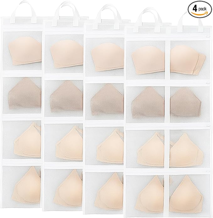 4 Pack Bra Washing Bags, Cleans, Drys, Storage and Dust-proof 4-in-1, Holds 10 A-F Cup Bras, Zippered Mesh Underwear Wash Bags for Machine, Travel Storage