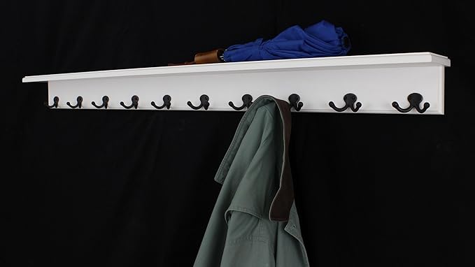 White Shelf Coat Rack with Aged Bronze Double Style Hooks (42" with 8 Hooks)