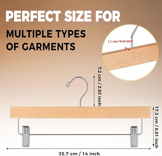 Quality Hangers Wooden Pants Hangers - 20-Pack Swivel Hook Cloth Hanger Set - Lotus Wood Skirt, Pant, Shorts and Slack Hangers with Adjustable Clip (Natural, 20)