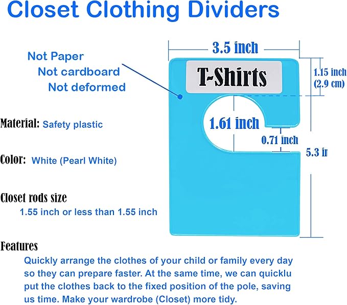 32 Pack White Clothing Rack Size Dividers Plus 75 Labels (1 Inch) and 30 Large Blank Labels, Large Rectangular Clothing Closet Dividers (Blue)