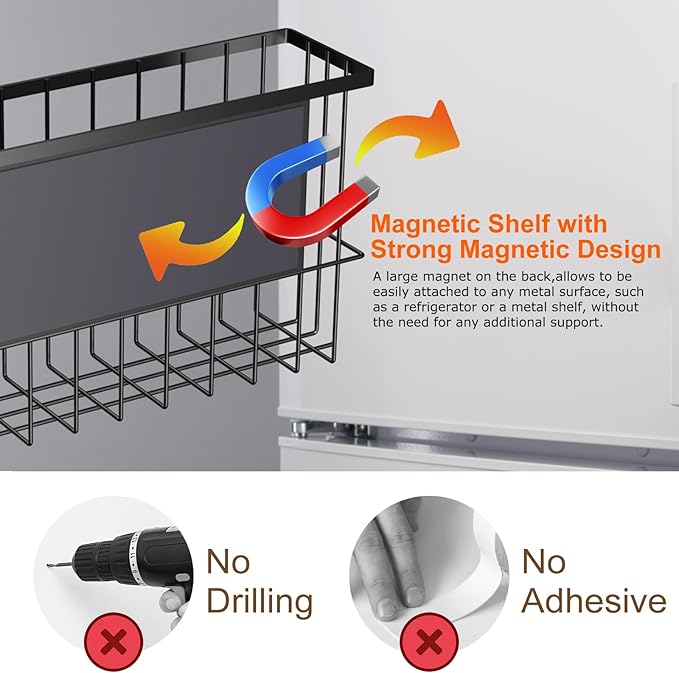 Magnetic Refrigerator Baskets, Fridge Spice Rack Organizer with Hooks, Strong Magnet Metal Hanging Wire Storage Basket Storage Bin Box Container for Pegboard /Refrigerator/Whiteboard/Locker-Black