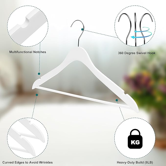 20 Luxury Slim Space Saving Wooden Clothes Hanger with Squared Pant Bar Best for Shirts, Blouses, Pant, Dress, Hangers White (White - Shirt with Pant Bar, 20)