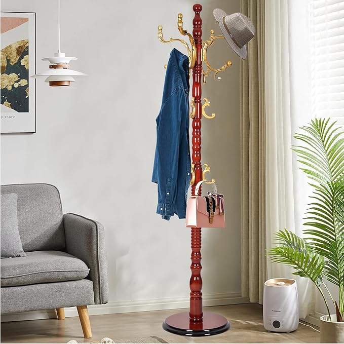 Solid Wood Coat Rack, Free Standing Hall Coat Tree with 14 Hooks, 3 Height Options, 330lbs Load, Stury Base, Clothes Rack for Entryway, Hallway, Bedroom (Disc Base - Begonia)