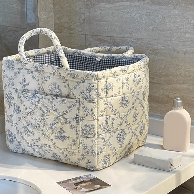 Quilted Laundry Basket Floral Storage Basket Cute Fabric Laundry Baskets Large Boho Foldable Nursery Hamper (Floral05)