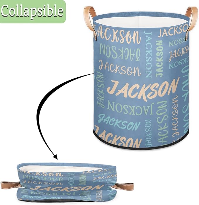 Custom Name Large Laundry-Basket for Kids-Boys-Girls, Personalized Foldable Waterproof Laundry Hamper Dirty Clothes Toys Storage Bin with Handles,Light Blue