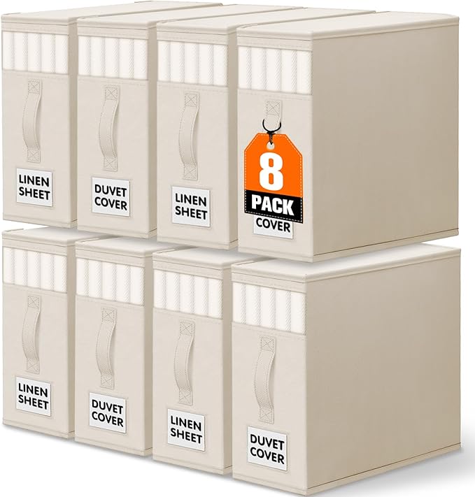 WOWBOX Sheet Organizers and Storage,Closet Bed Sheet Organizer Under Bed Storage and Organization with Label Cards & Clear Window for Bedding Sheets,Duvet Covers,Blankets (8 Pack，Beige)