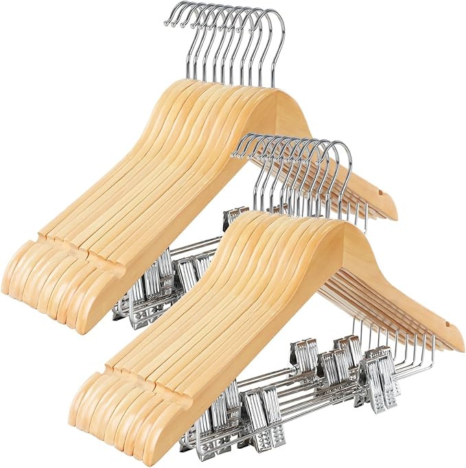TOPIA HANGER Wooden Suit Hangers with Adjustable Metal Clips (20 Pack), Solid Smooth Wood Clothes Hangers, 360° Swivel Hook, Premium Pants Hangers for Clothes Coat, Jeans, Blouse-Natural, CT28N20
