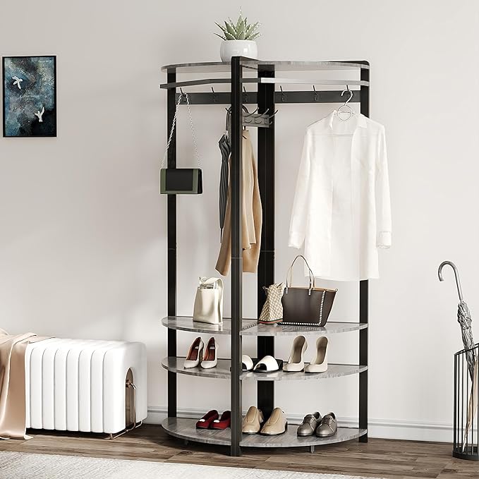 Hallway Coat Rack with 6 Double-Row Hooks and 4 Storage Shelves – Multifunctional Clothes Rack and Shoe Organizer Perfect for Entryway, Hallway and Closet, Rustic Gray & Black