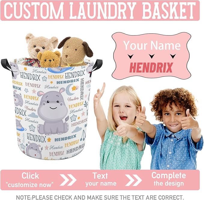 Hippo Laundry Basket,Personalized Laundry Hamper for Boys Girls,Custom Laundry Basket With Name, Customized Dirty Clothes Hamper for Bathroom Bedrooms,S-16.5"X 13.8"