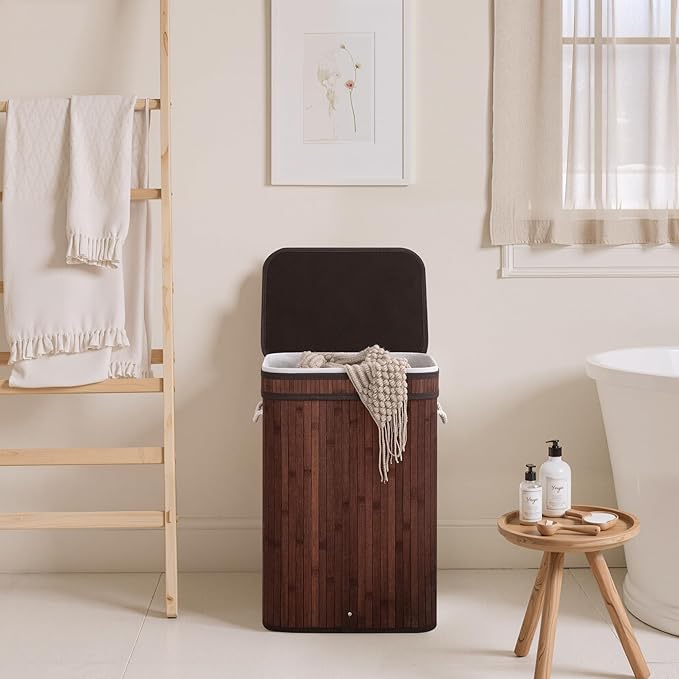 StorageWorks Laundry Hamper with Lid, Foldable Bamboo Laundry Basket, Clothes Hamper with Handles, Organizer and Storage for Laundry Room, Bedroom, Dorm, Brown