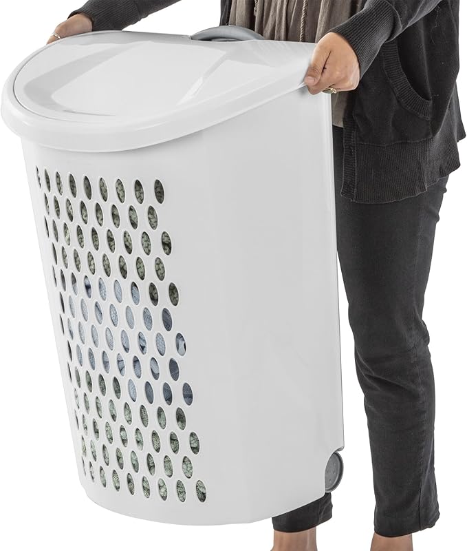 2-Bushel Capacity Laundry Basket With Wheels and Lid,Plastic Rolling Laundry Hampers,Retractable handle,White,Suitable for use in Home and Dormitories