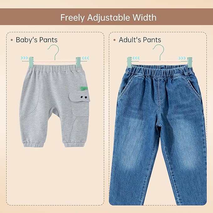 Wooden Pants Hangers with Clips 24 Pack, Heavy Duty Adjustable Clip Non Slip Skirt Hanger for Jeans, Trousers, Short, Clothes, Space Saving Closet Organizer (Green, 24 Pack)