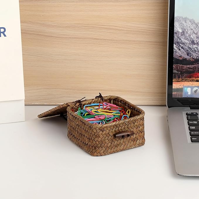 Mini Seagrass Basket Handwoven Small Wicker Basket with Lid Square Portable Storage Baskets for Key Jewelry Decorative Organizer Box for Shelf, 3.5"L x 3.5"W x 2"H