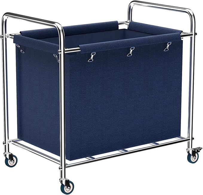 Commercial Laundry Cart with Wheels, 440 lbs Heavy Duty Industrial Laundry Cart with Sturdy Frame and Oxford Bag for Home Hotel Hospital, Rolling Laundry Cart for Home & Hotel, 400L(Blue)