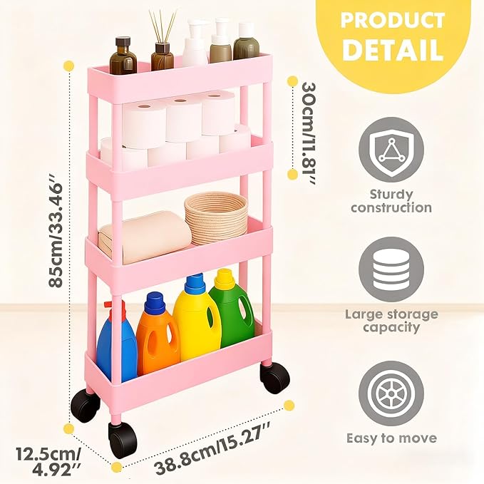 ShellKingdom 4 Tier Bathroom Storage Organizer, Slim Rolling Storage Cart for Narrow Space, Mobile Shelving Unit with Lockable Wheels and Hooks for Bathroom, Kitchen, Laundry Movable Shelf (Pink)