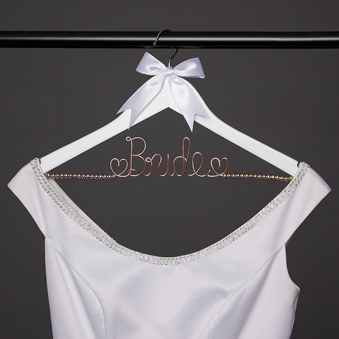 Ella Celebration Bride to Be Wedding Dress Hanger Wooden and Wire, Accented with Beads and a Bow Bridal Hangers for Brides (White with Rose Gold Wire and Rose Gold Beads)